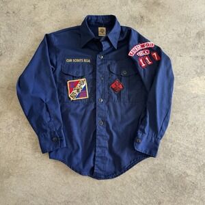 Boy Scouts of America BSA Youth Shirt Blue Cub Vintage Small (?) Sewn on patches
